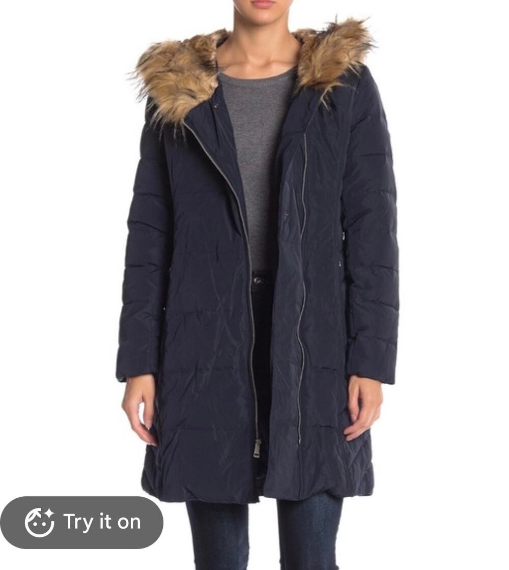 Cole Haan Navy Long Down Puffer Coat Faux Fur Hood Medium